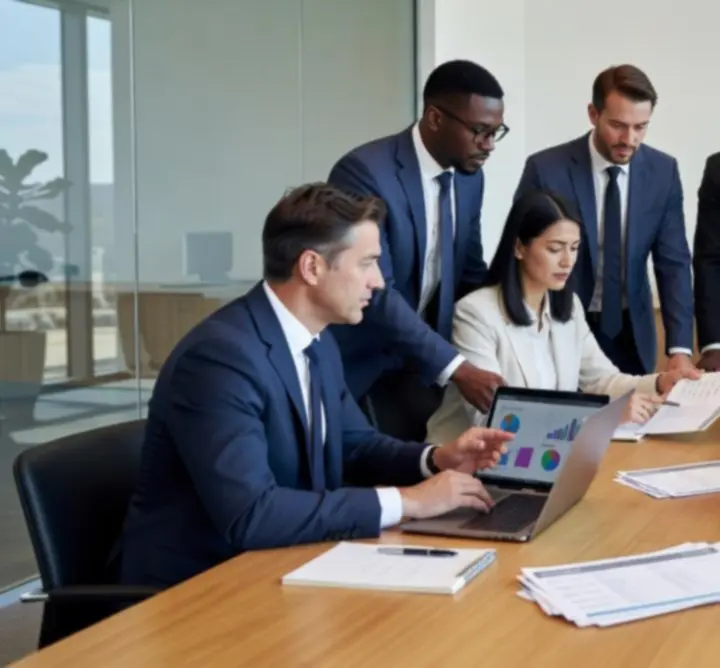 Professional event support team collaborating in a modern meeting space.