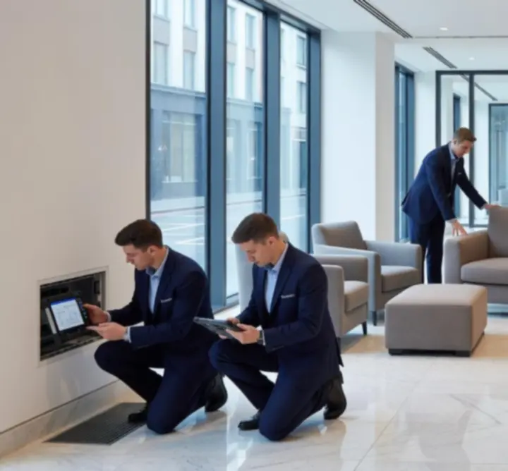 Facilities management team actively coordinating operations in a commercial building