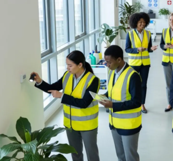 Facilities management team coordinating operations in a modern commercial space.
