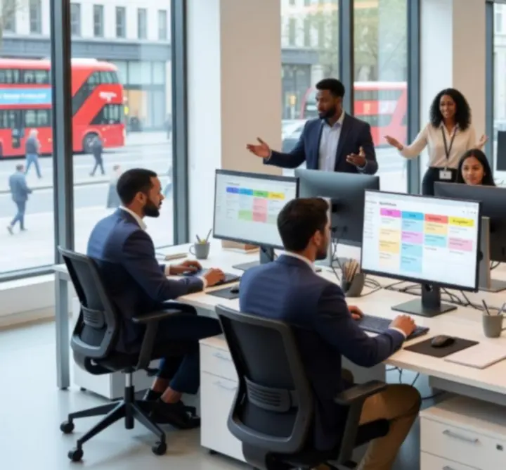 Modern office workflow with teams collaborating across a well-organised workspace.