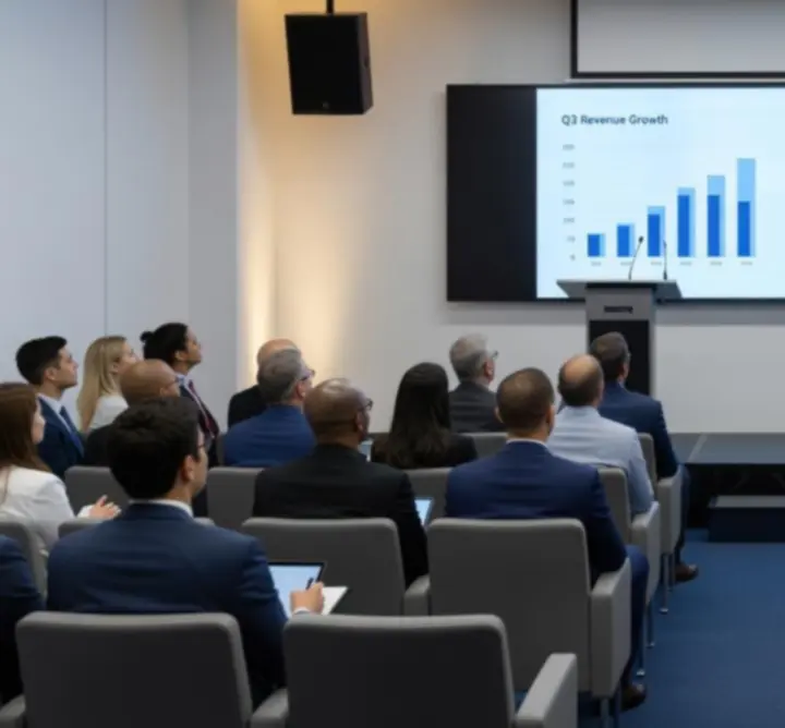 Organised business conference with delegates seated in a well-managed venue.
