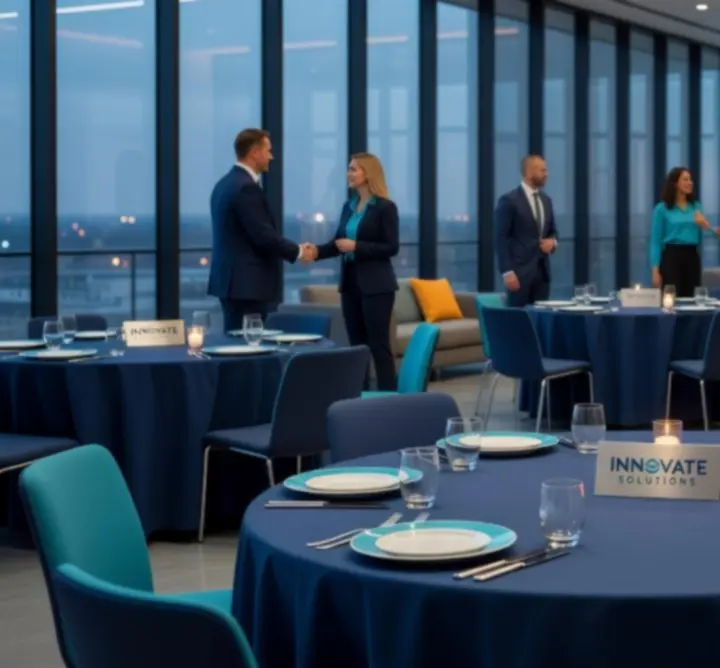 Professional corporate event setup with staged seating and AV equipment prepared.
