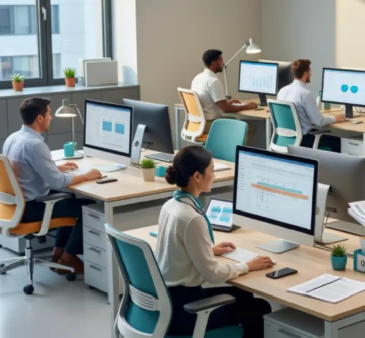 Team working within a streamlined office workflow with clearly organised spaces.